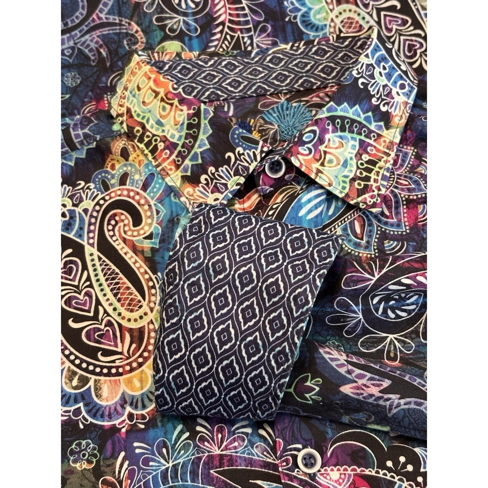 Robert Graham Mens M Blue Paisley Flip Cuff Casual Shirt Long Sleeve Batik Color - Picture 4 of 9